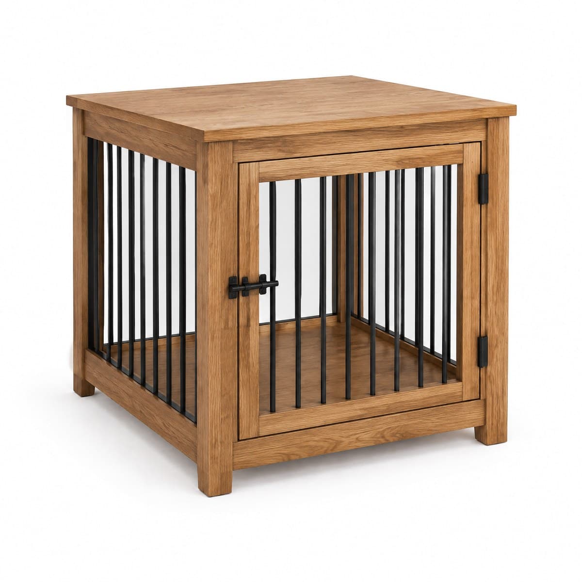 A dog crate built as an end table, with an oak wood frame and top, black metal bars and a front door with a black latch
