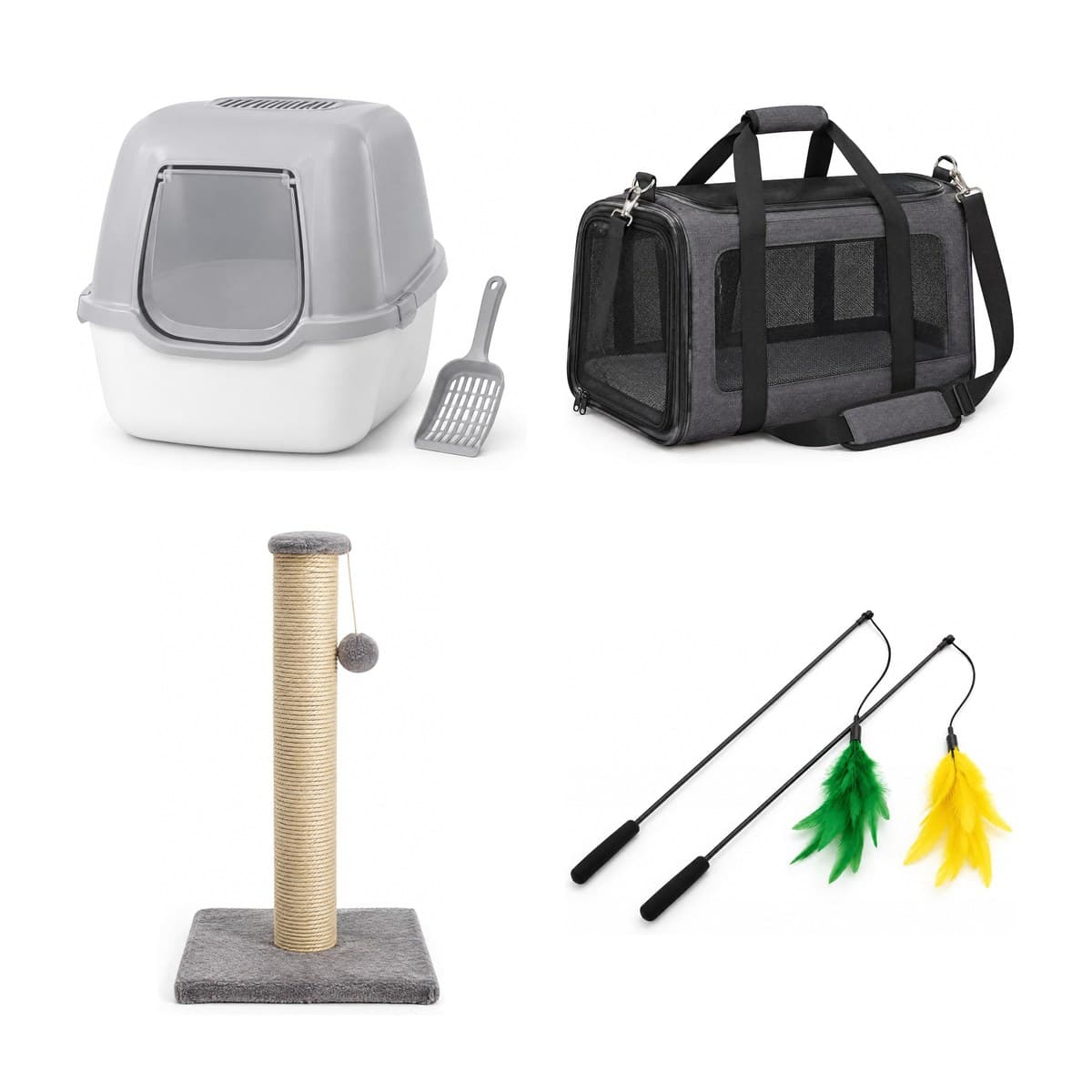 The Cat Starter Kit laid out together: a covered litter box with a scoop, a sisal scratching post, two feather wand toys and a grey soft carrier