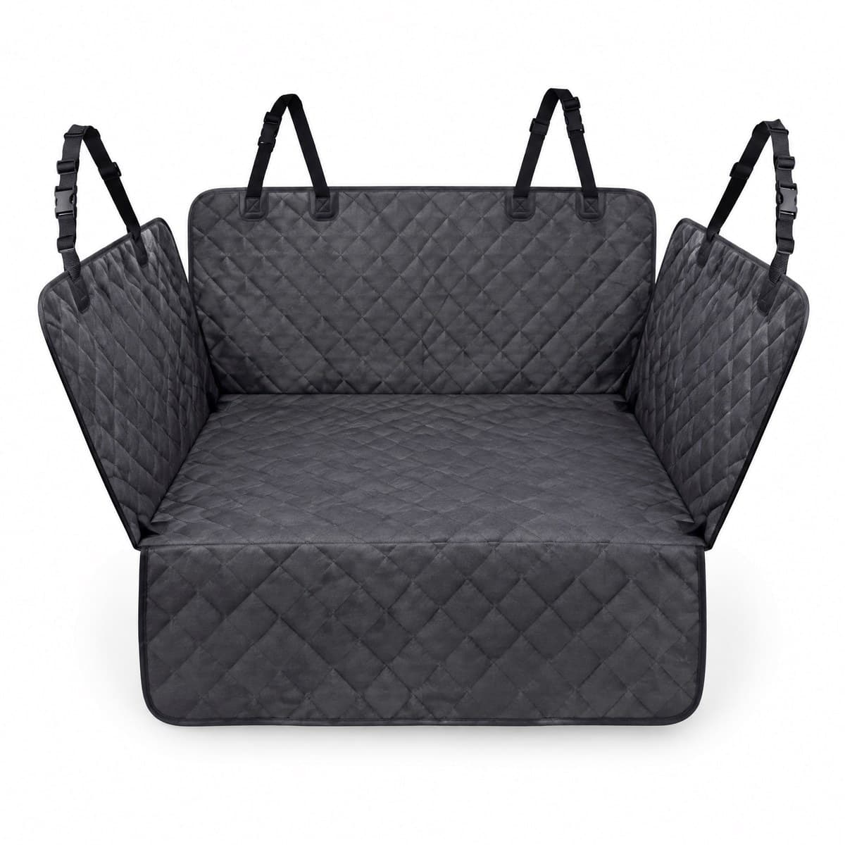 A quilted charcoal grey hammock seat cover laid open, with side flaps, a front flap and four black headrest straps