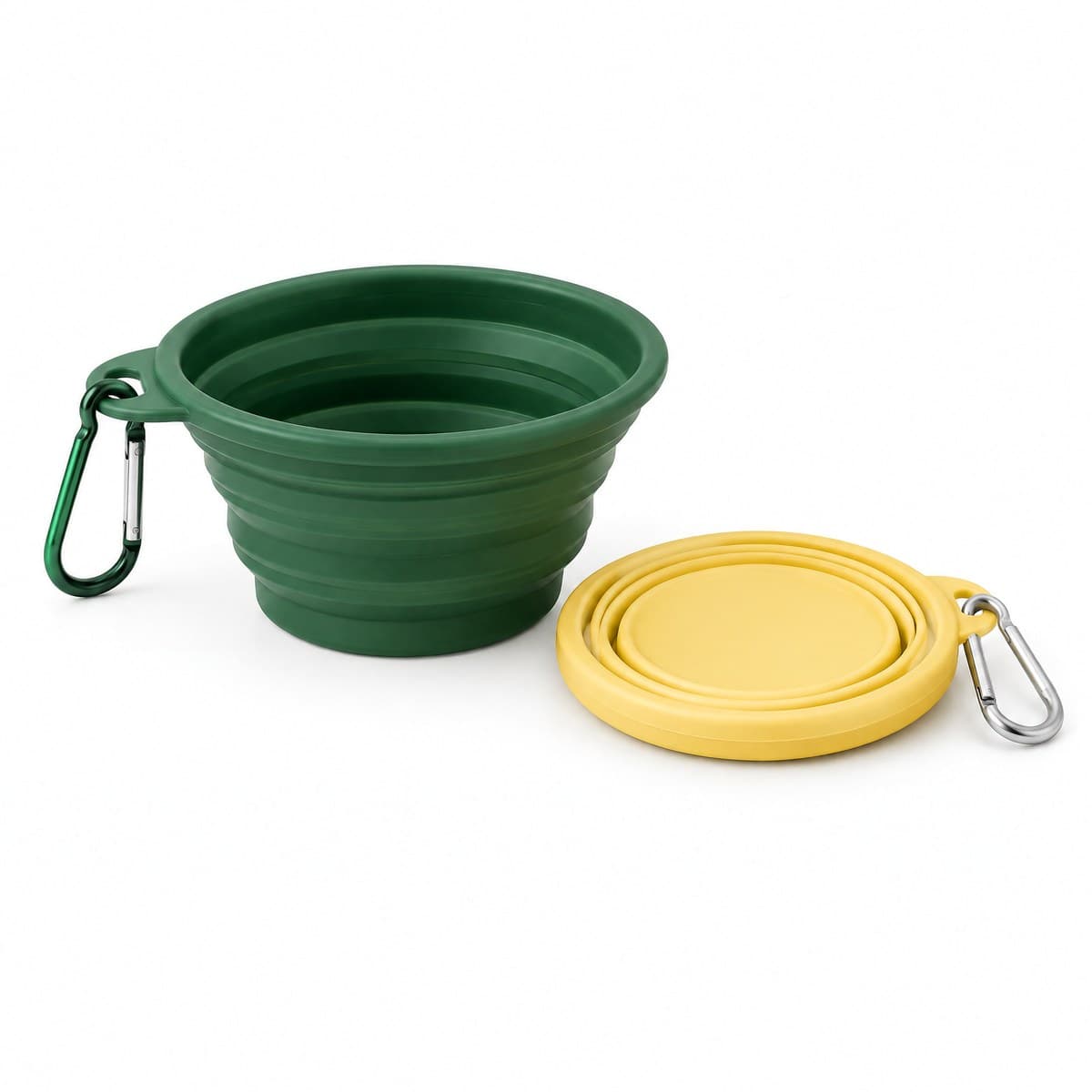 Two silicone travel bowls with carabiner clips, a forest green bowl popped open and a yellow bowl folded flat