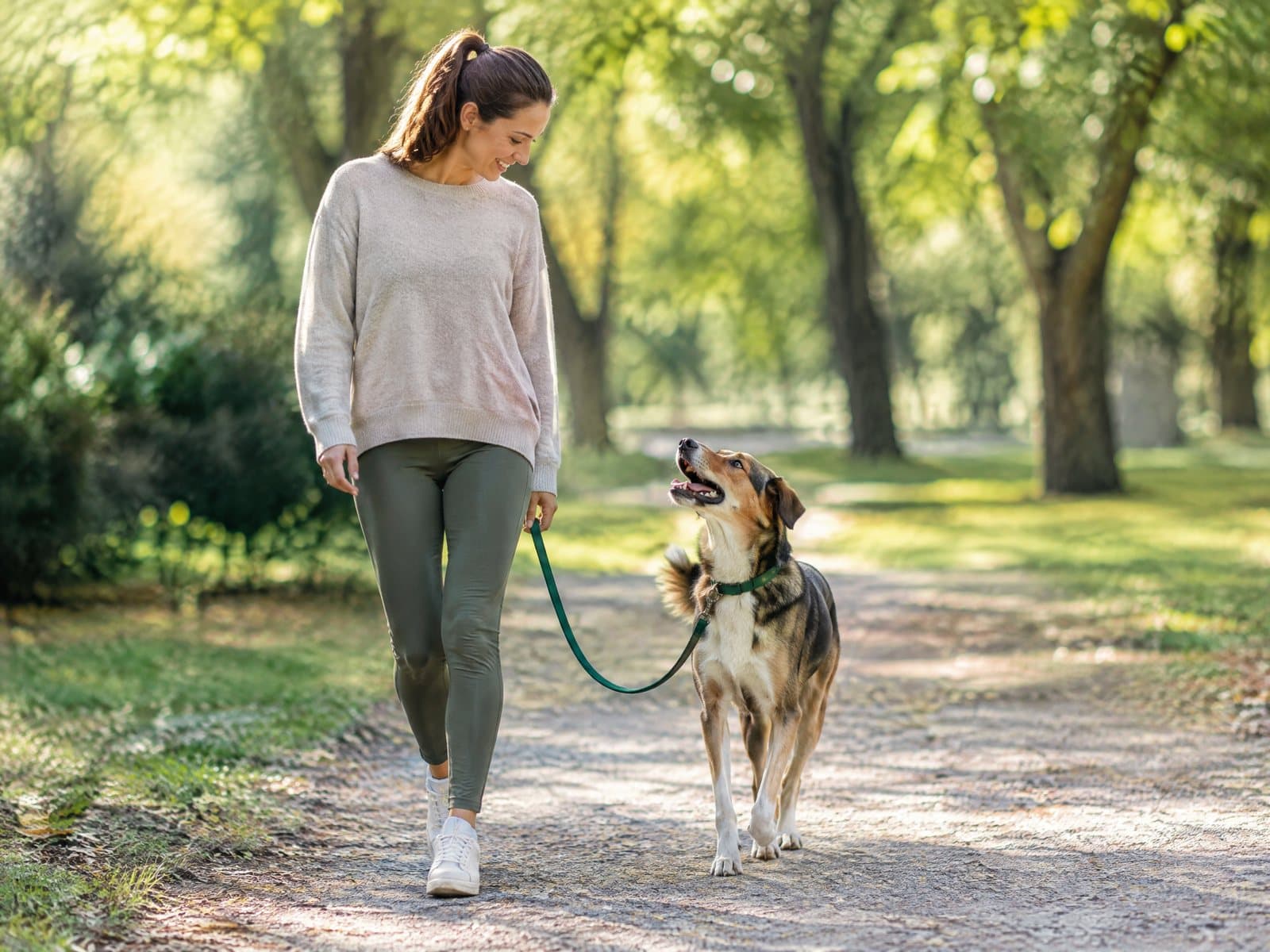 A woman walking a mixed-breed dog on a green leash along a tree-lined park path in morning light, the dog looking up at her