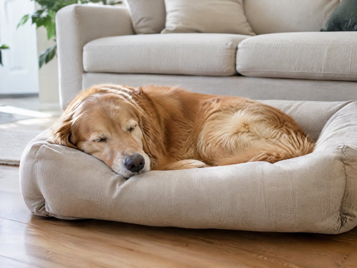 A golden retriever asleep in a large beige bolster dog bed in a bright living room with a wooden floor and a sofa behind