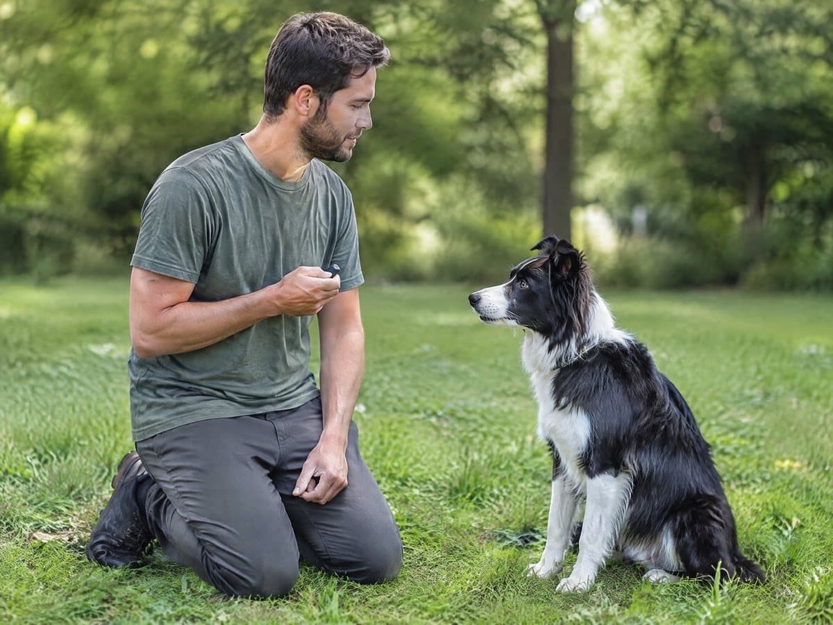 A man kneeling on the grass in a park with a small training clicker in his hand, a young border collie sitting in front of him