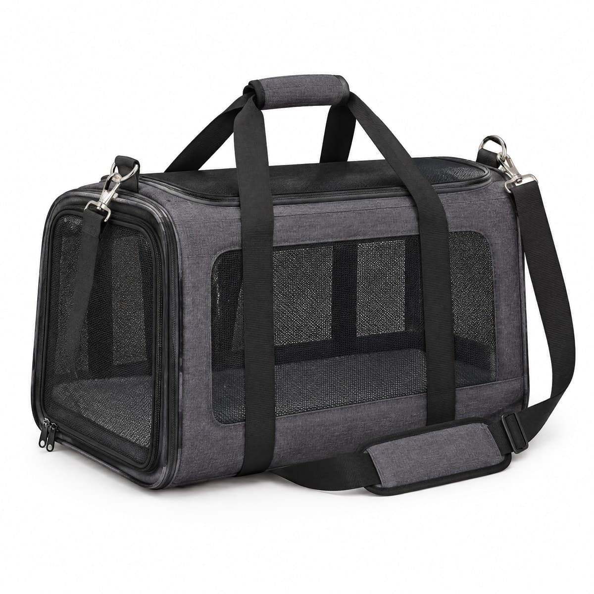A charcoal grey soft pet carrier with black mesh windows, black top handles and a shoulder strap with a padded piece