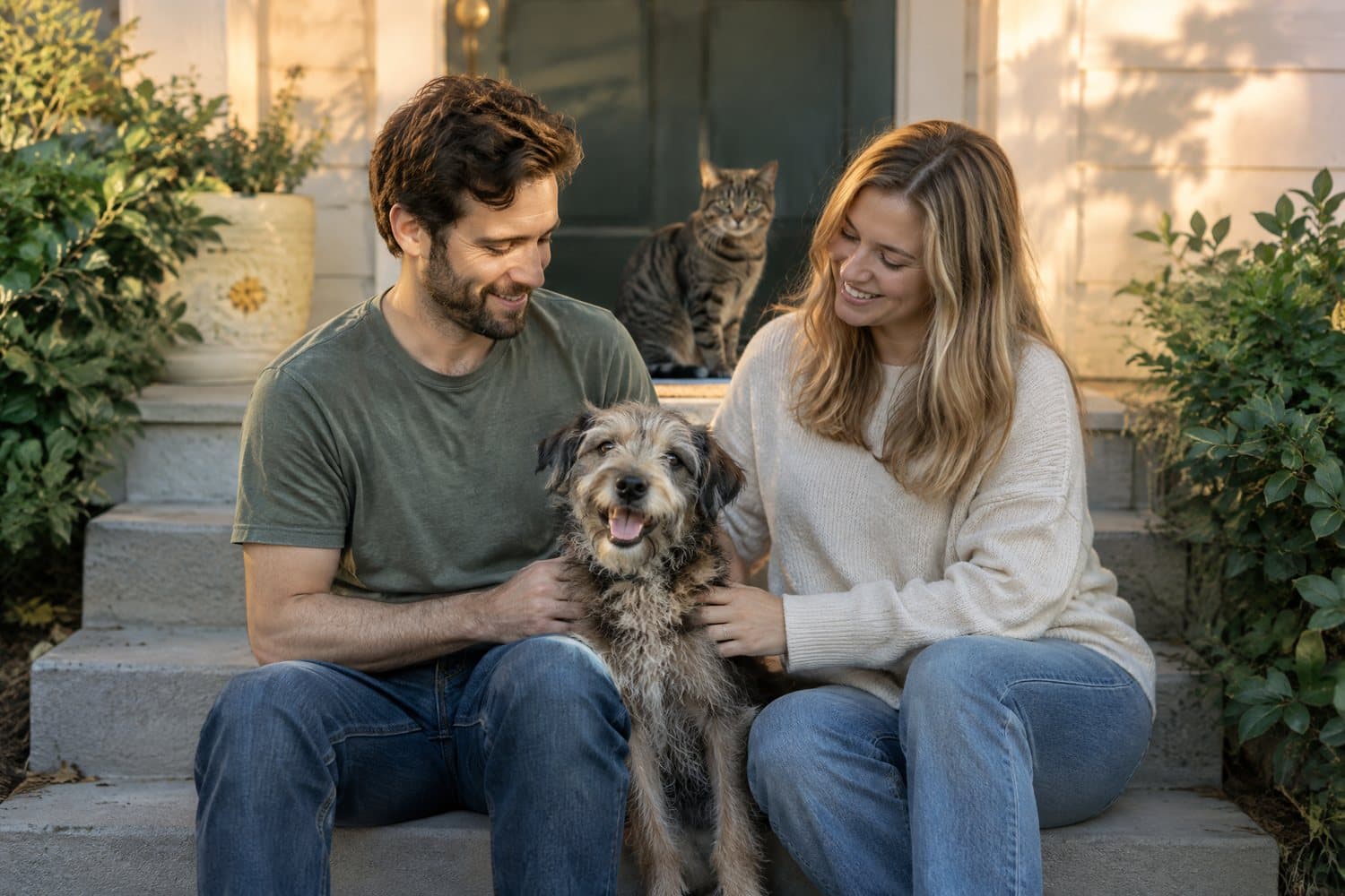 A couple sitting on their front steps at golden hour with a scruffy dog between them and a cat on the top step